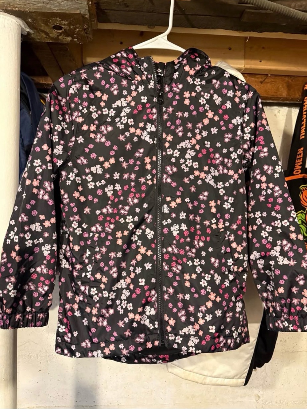 Girls' Black Floral Hooded Rain Jacket - Size 7/8